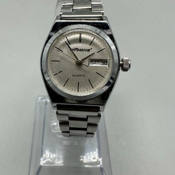 3/$30 Piratron Watch Women Silver Tone Day Date Quartz Classic Look 6.7 - Picture 3 of 15